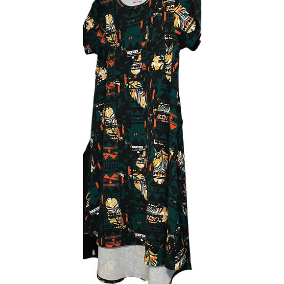 LULAROE SHORT SLEEVE TUNIC DRESS,WOMENS, XS, GREEN-ORANGE YELLOW ABSTRACT HI-LOW - Picture 3 of 10